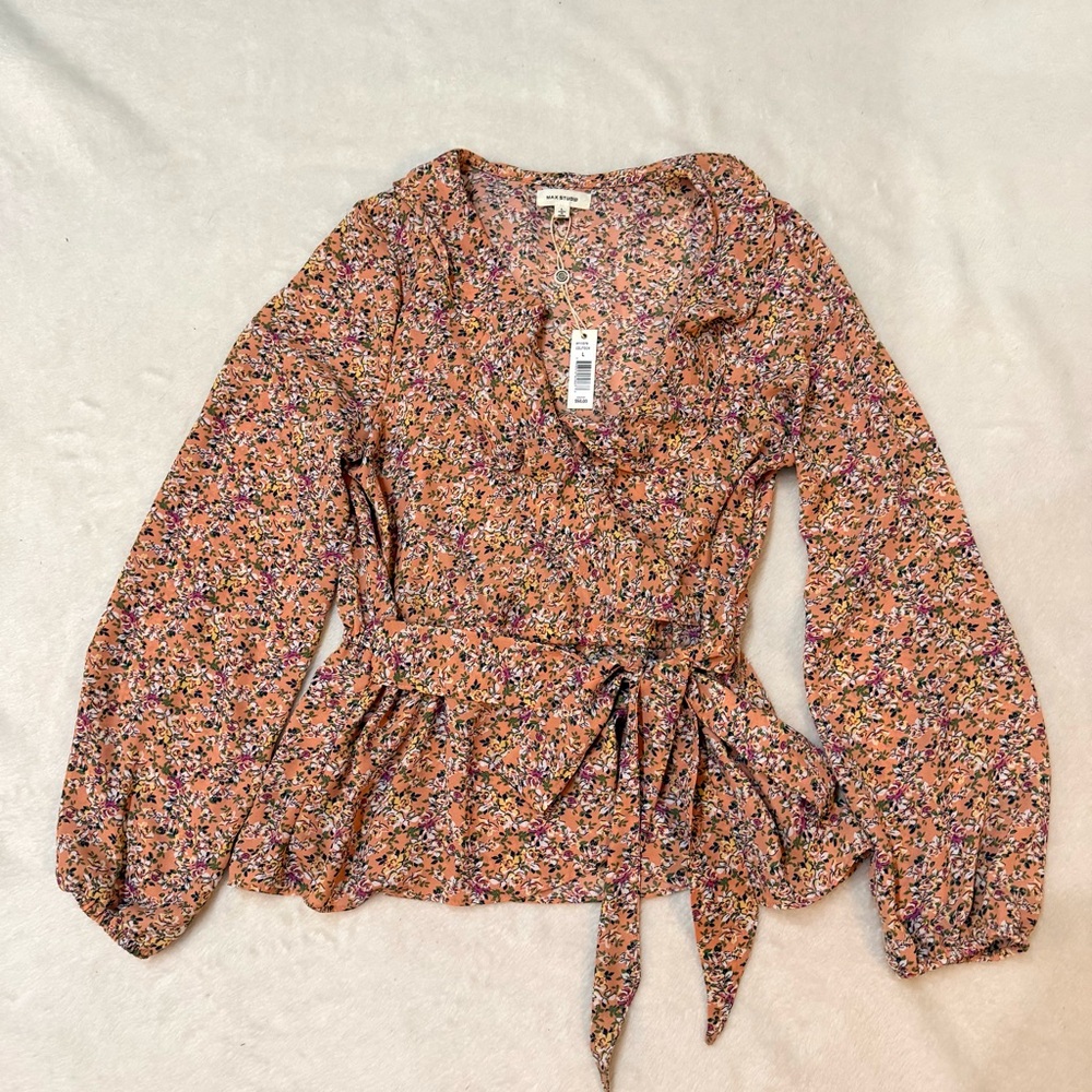 Max Studio Peach Floral Faux Wrap Top Blouse Size L
